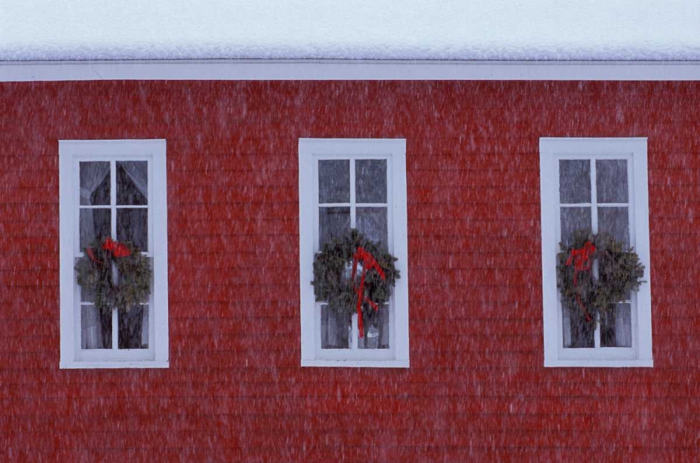 MI, Three Christmas wreathes in schoolhouse